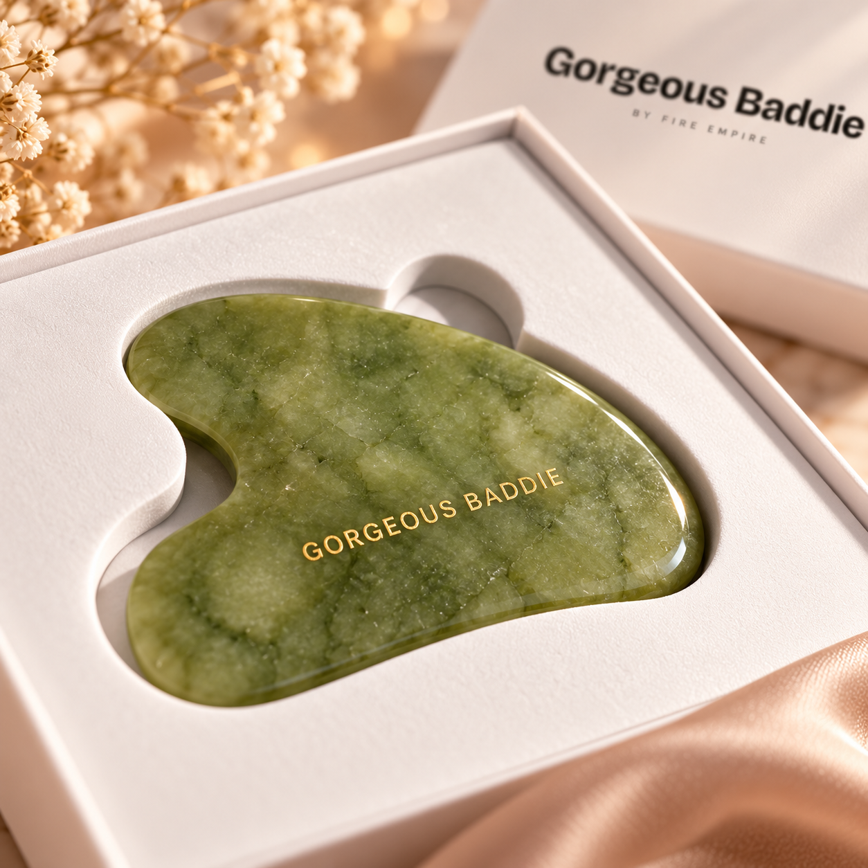 Gorgeous Baddie jade gua sha, gold-filled engraving, close on natural stone veining