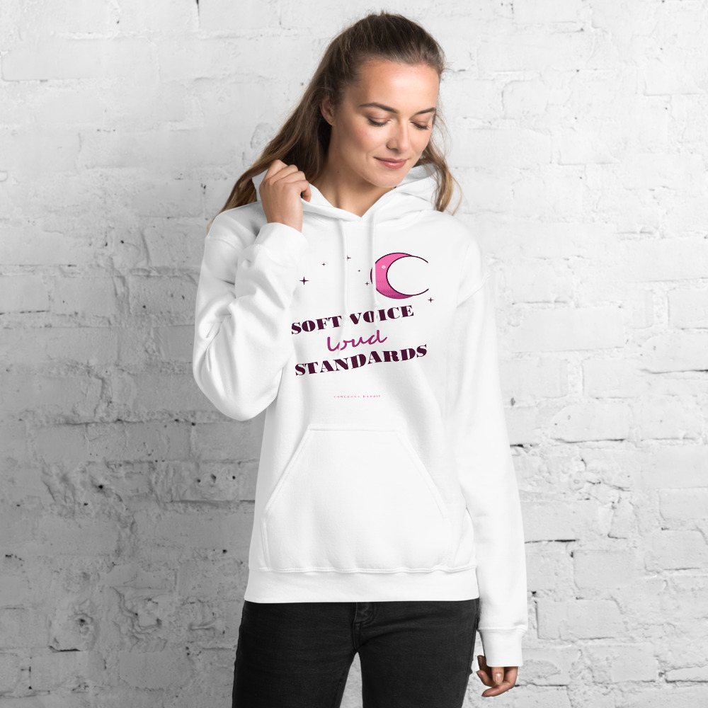 Gorgeous Baddie Soft Voice Loud Standards Boutique Hoodie White Front