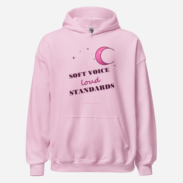 Gorgeous Baddie Soft Voice Loud Standards Boutique Hoodie White in Light Pink